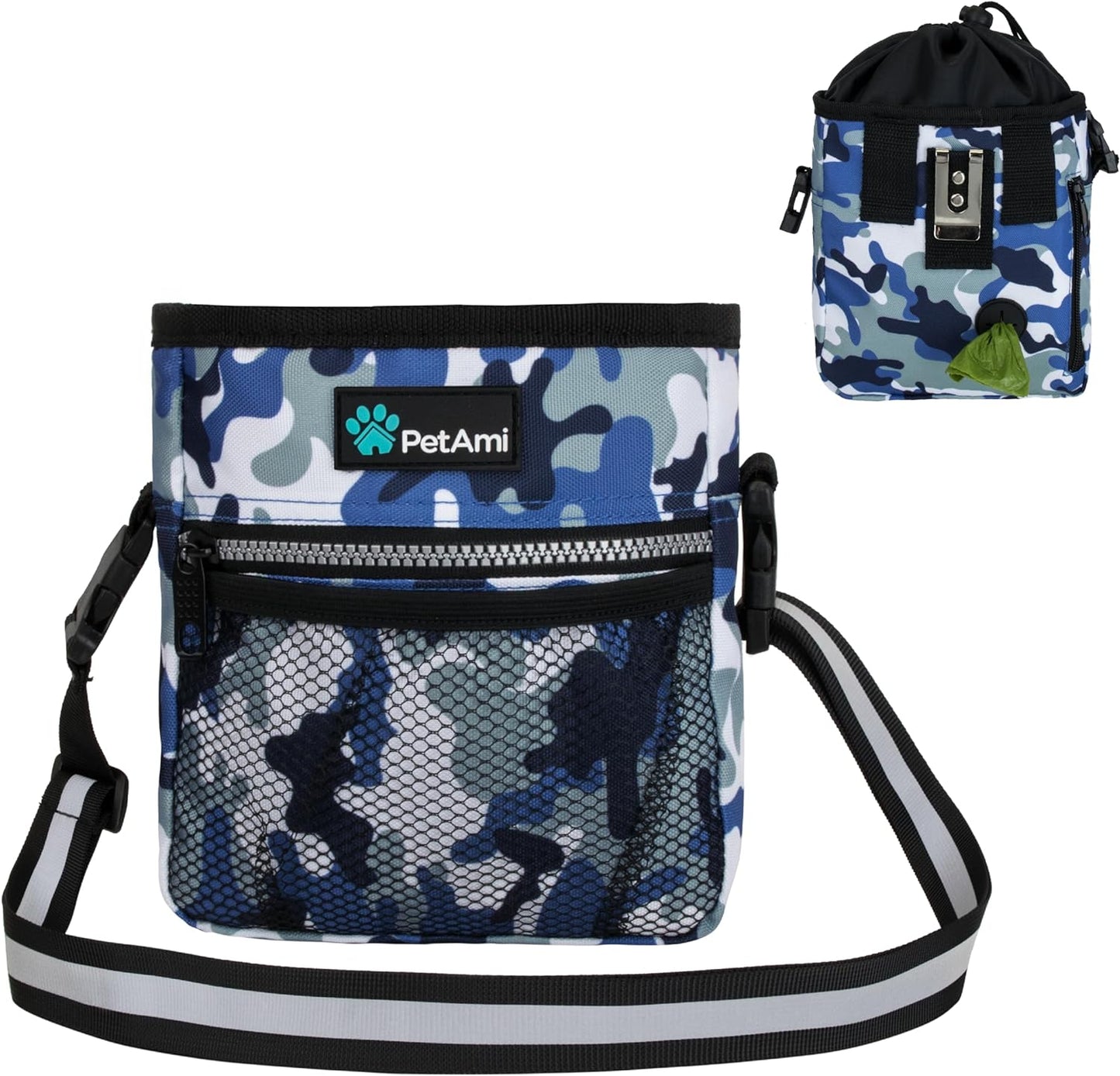 Dog Treat Pouch, Pet Treat Pouch for Training, Dog Walking Bag Holder for Kibbles, Pet Food Toy, Dog Trainer Essentials Supplies, Poop Bag Dispenser, 3 Ways to Wear (Camo Black)