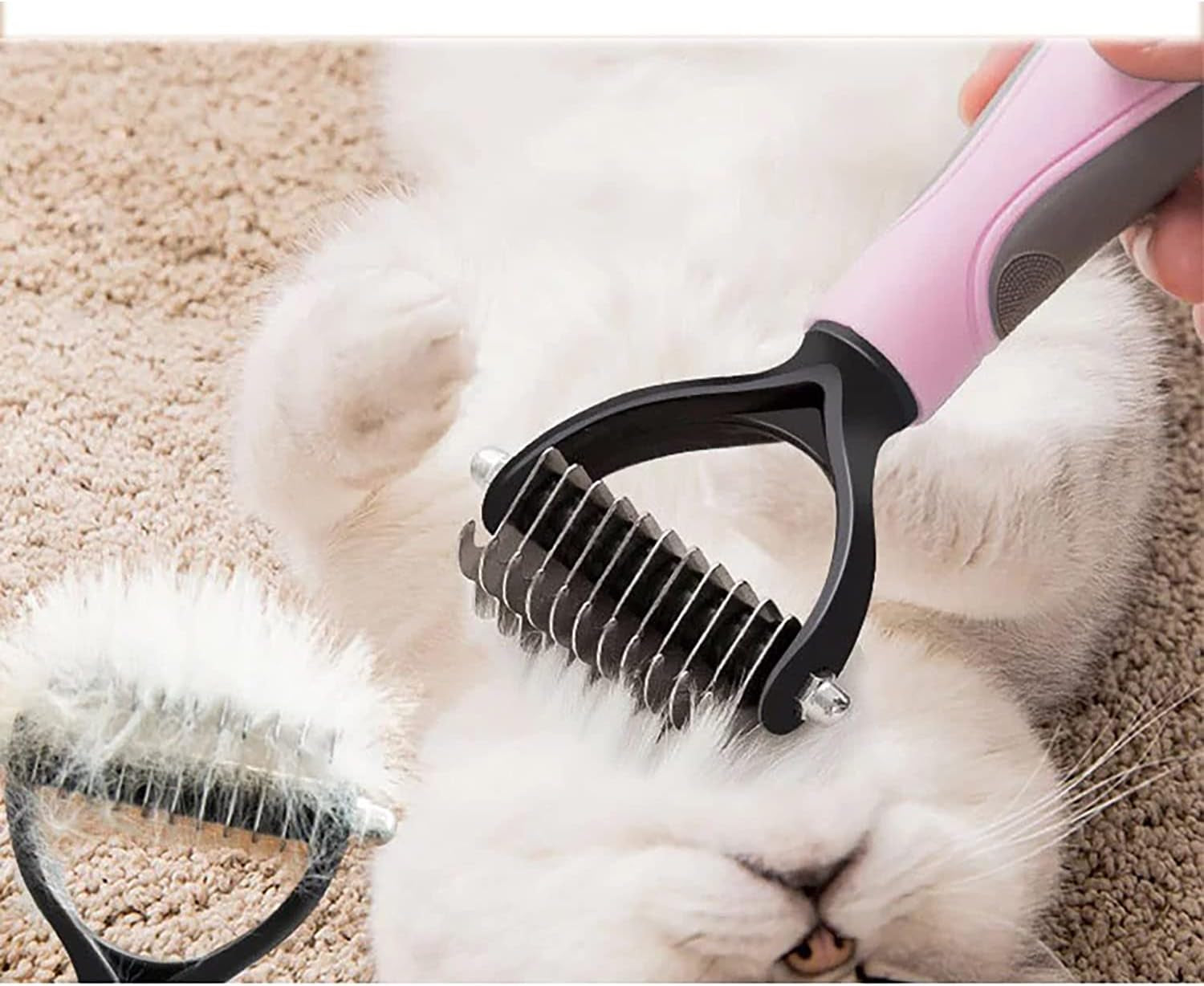 Double-Sided Undercoat Rake Comb and Flea Comb Set for Pet Grooming - Dematting Tool for Dogs and Cats (Pink/11-Tooth)