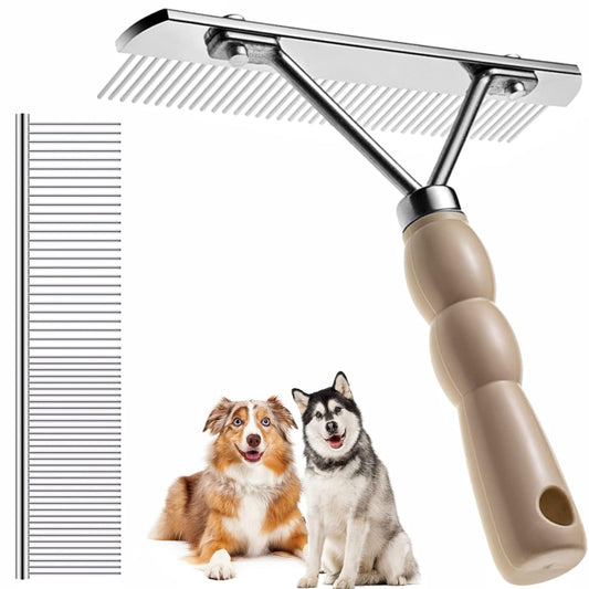 Dog Rake for Undercoat, Long Tooth Dogs Rake Brush & Stainless Steel Shedding Comb, Husky Undercoat Rake Grooming Tool Set for Large Dog Horse Longhair Cat