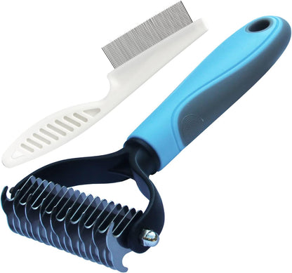 Double-Sided Undercoat Rake Comb and Flea Comb Set for Pet Grooming - Dematting Tool for Dogs and Cats (Pink/11-Tooth)