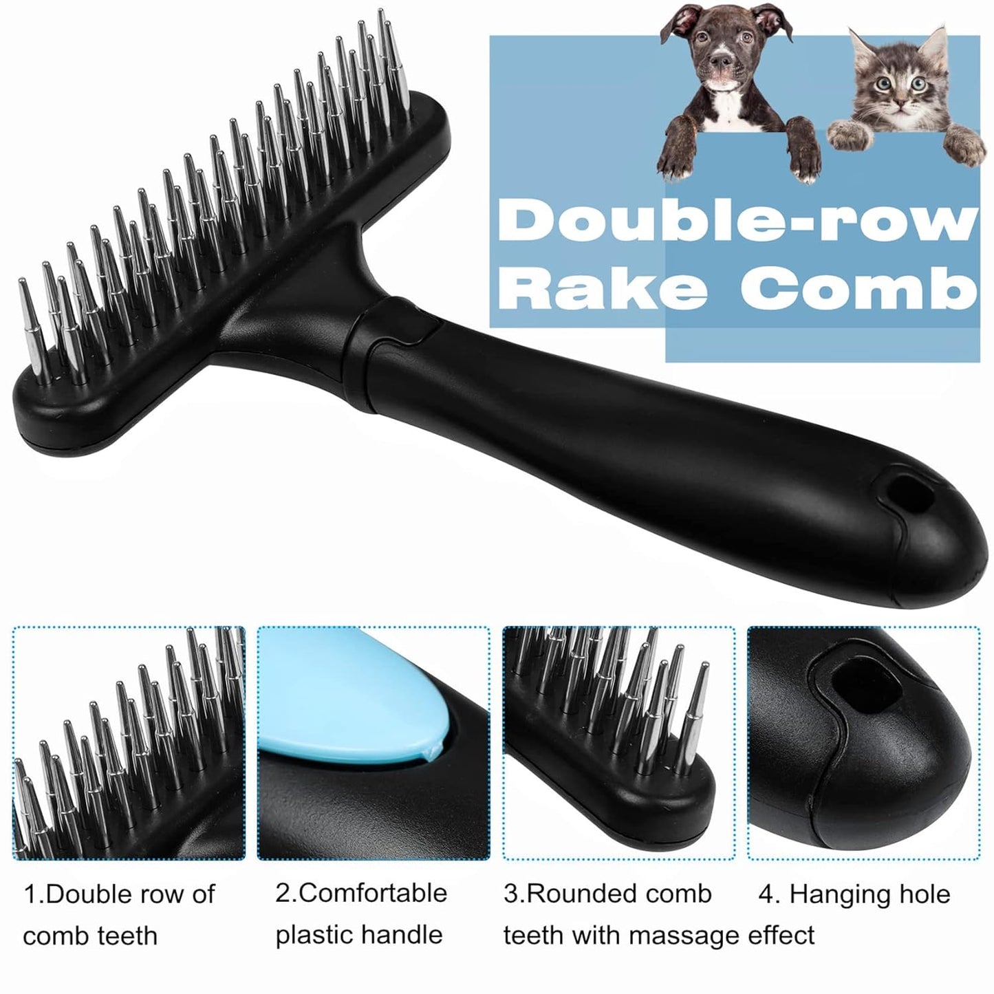 Long-Haired Dematting Tool Set: Undercoat Rake, Deshedding Comb with Stainless Steel Pins for Dogs and Cats