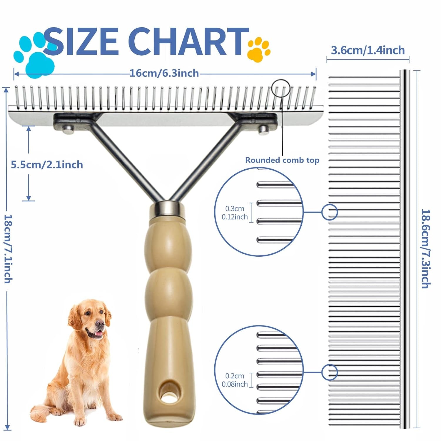 Dog Rake for Undercoat, Long Tooth Dogs Rake Brush & Stainless Steel Shedding Comb, Husky Undercoat Rake Grooming Tool Set for Large Dog Horse Longhair Cat