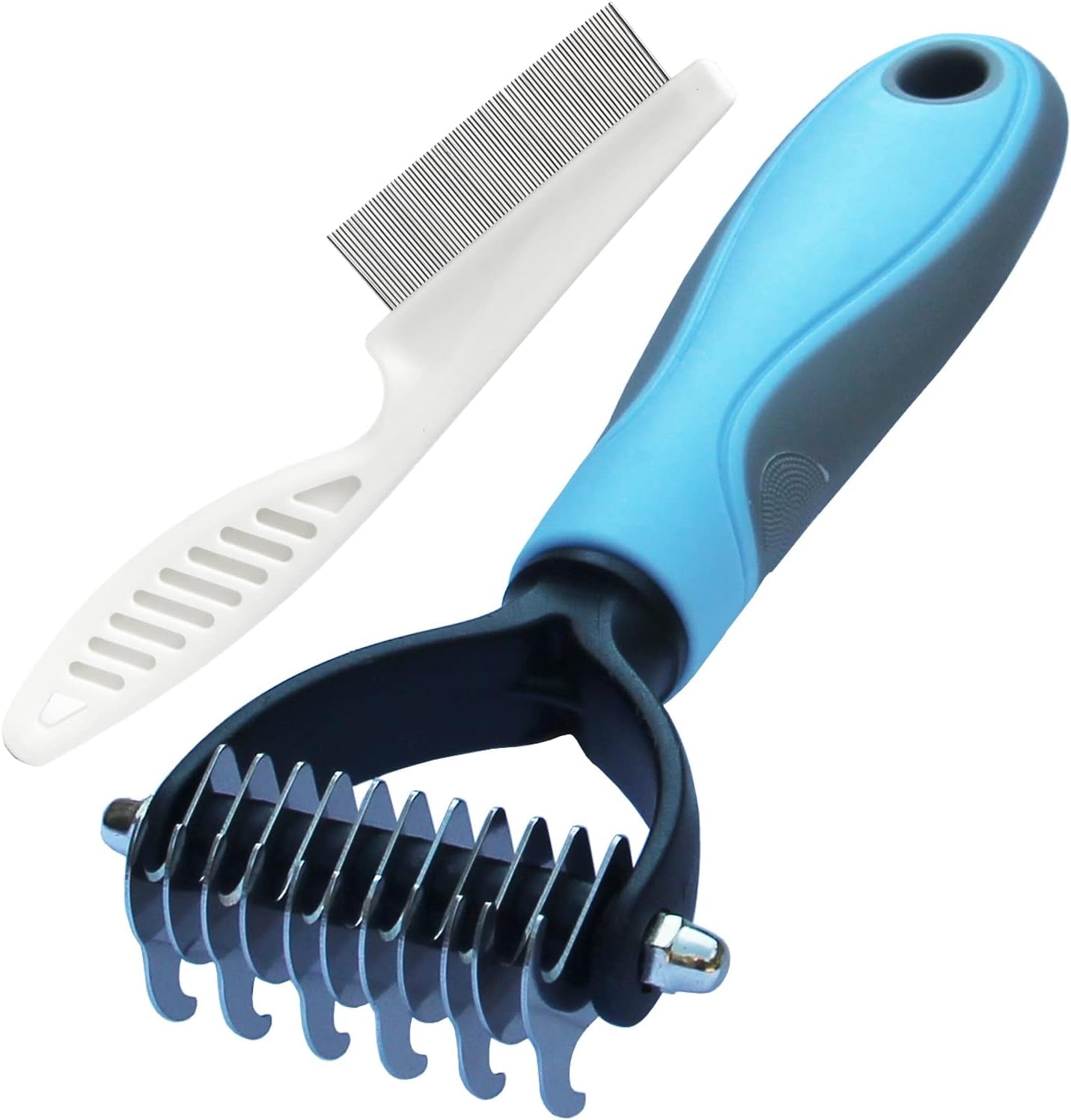 Double-Sided Undercoat Rake Comb and Flea Comb Set for Pet Grooming - Dematting Tool for Dogs and Cats (Pink/11-Tooth)