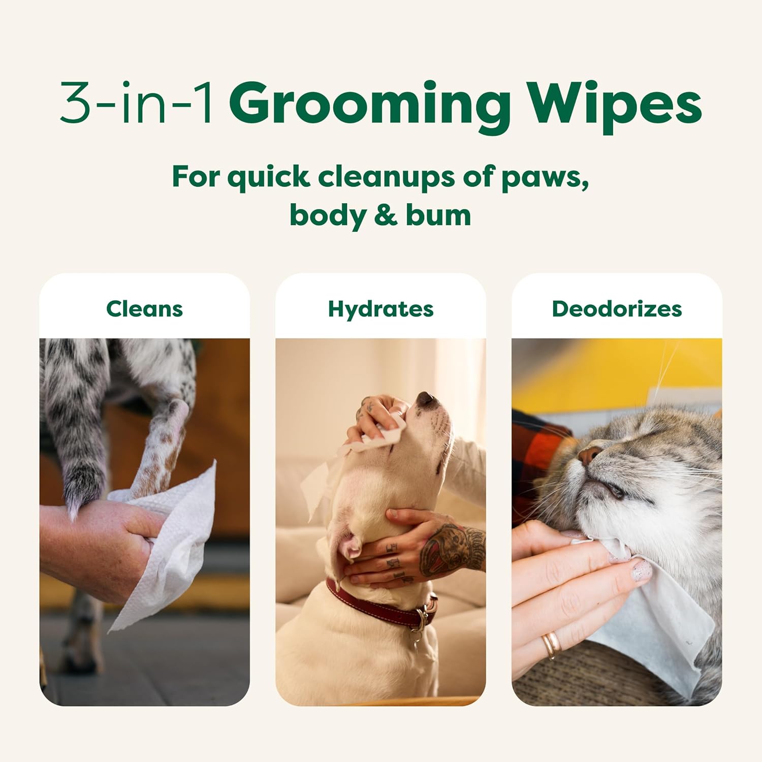 3-In-1 Pet Grooming Wipes, Cleaning, Deodorizing & Hydrating for Paws, Body, and Butt, Perfect for Dogs & Cats, White Tea and Basil Scent, 100 Count