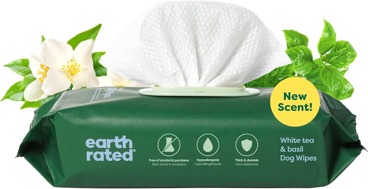 3-In-1 Pet Grooming Wipes, Cleaning, Deodorizing & Hydrating for Paws, Body, and Butt, Perfect for Dogs & Cats, White Tea and Basil Scent, 100 Count