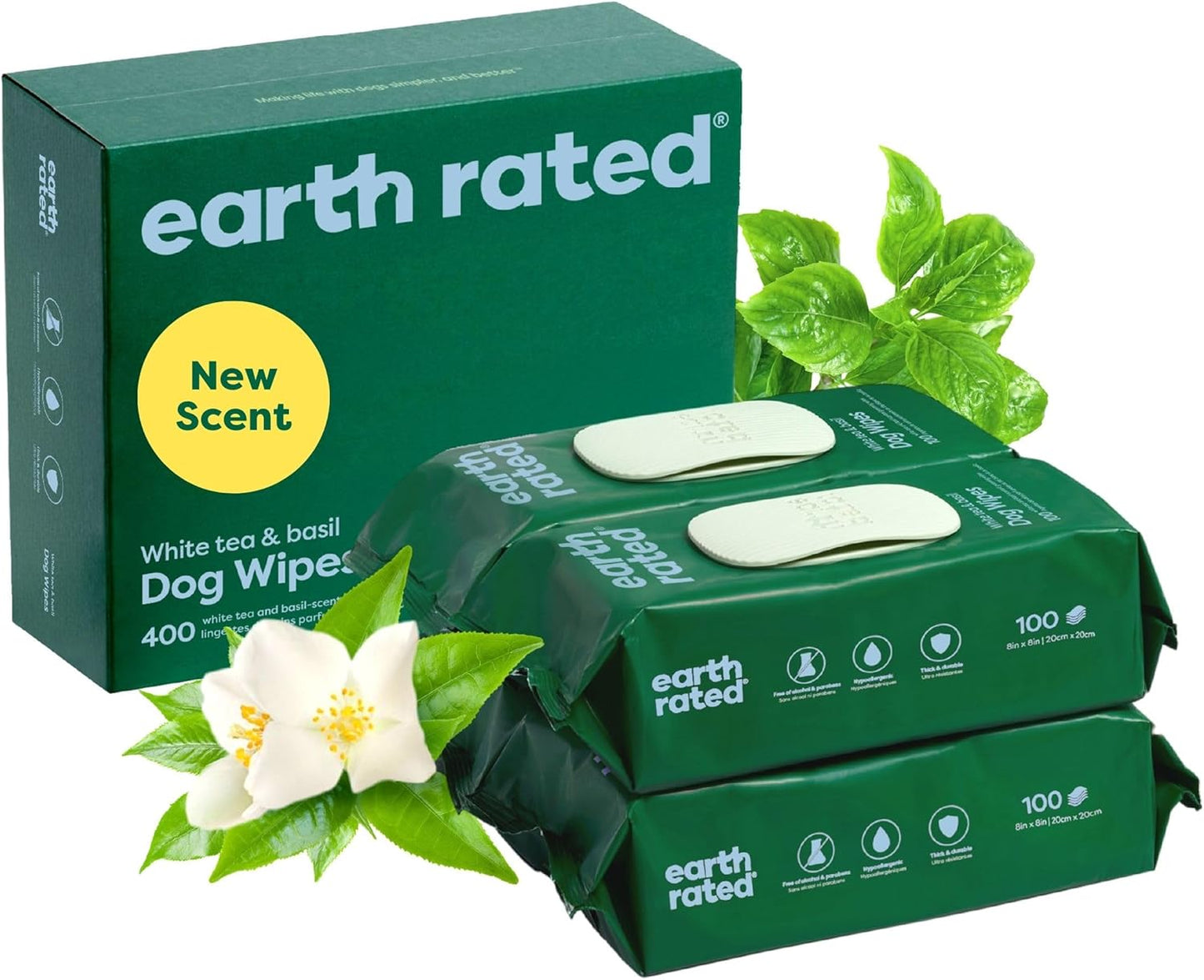 3-In-1 Pet Grooming Wipes, Cleaning, Deodorizing & Hydrating for Paws, Body, and Butt, Perfect for Dogs & Cats, White Tea and Basil Scent, 100 Count