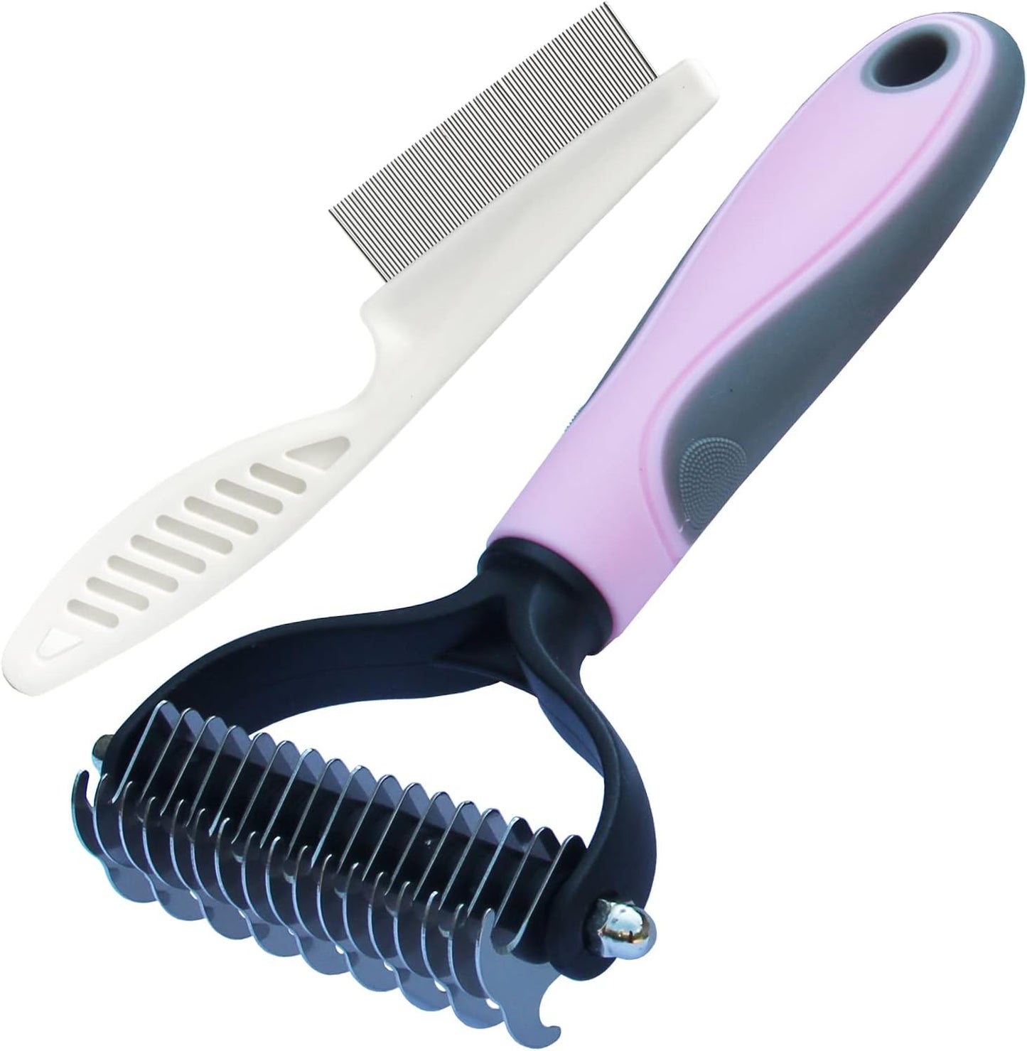 Double-Sided Undercoat Rake Comb and Flea Comb Set for Pet Grooming - Dematting Tool for Dogs and Cats (Pink/11-Tooth)