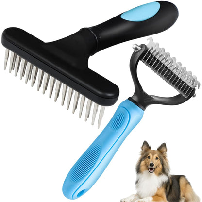 Long-Haired Dematting Tool Set: Undercoat Rake, Deshedding Comb with Stainless Steel Pins for Dogs and Cats