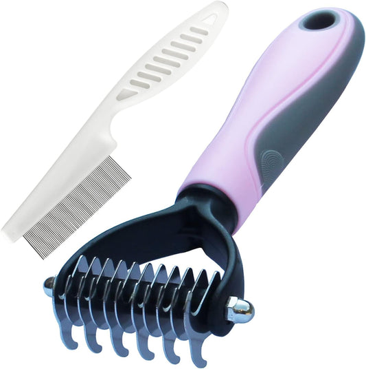 Double-Sided Undercoat Rake Comb and Flea Comb Set for Pet Grooming - Dematting Tool for Dogs and Cats (Pink/11-Tooth)