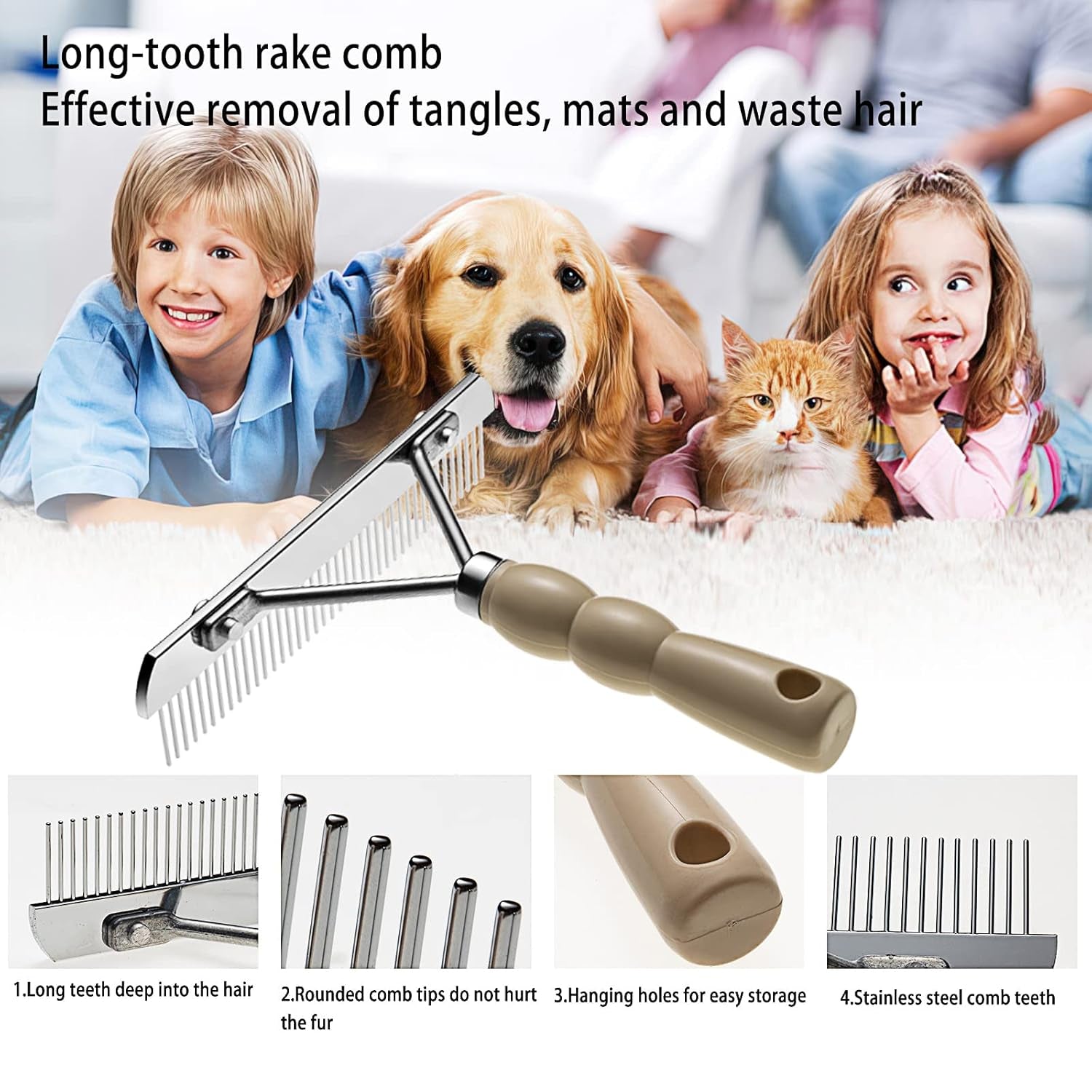 Dog Rake for Undercoat, Long Tooth Dogs Rake Brush & Stainless Steel Shedding Comb, Husky Undercoat Rake Grooming Tool Set for Large Dog Horse Longhair Cat