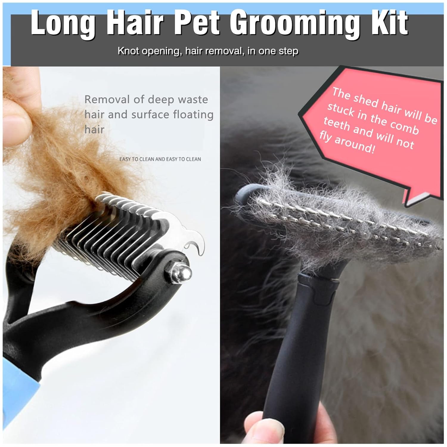 Long-Haired Dematting Tool Set: Undercoat Rake, Deshedding Comb with Stainless Steel Pins for Dogs and Cats