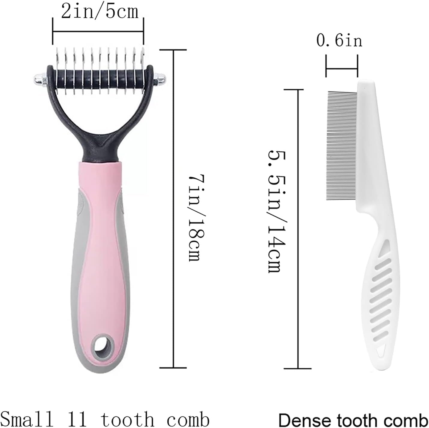 Double-Sided Undercoat Rake Comb and Flea Comb Set for Pet Grooming - Dematting Tool for Dogs and Cats (Pink/11-Tooth)