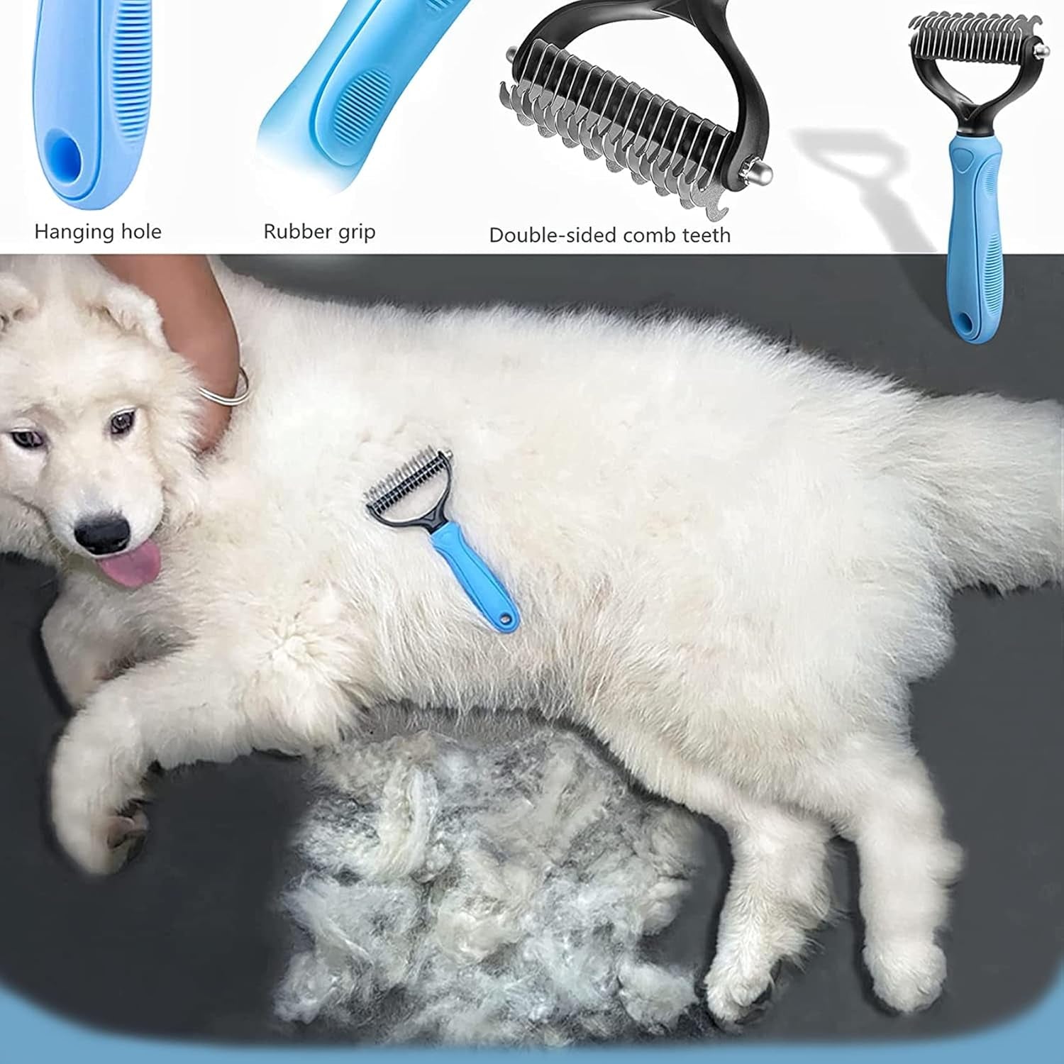 Long-Haired Dematting Tool Set: Undercoat Rake, Deshedding Comb with Stainless Steel Pins for Dogs and Cats